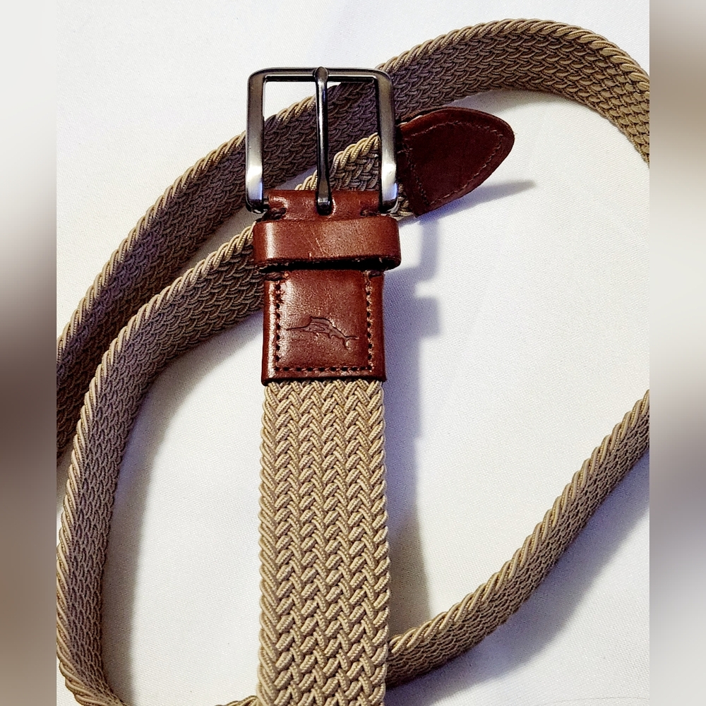 Tommy Bahama Men's Stretch Belt Size L/XL Tan / Brown Leather Trim - Picture 3 of 4